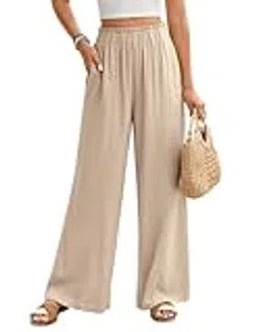 Damen Leinenhose Sommer - Leichte Palazzo Hose Mit Hoher Taille Und Taschen